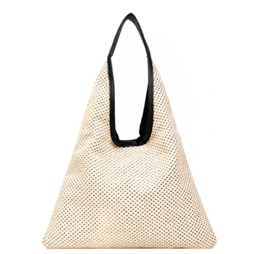 Kovewon Straw Mesh Beach Bag with Leather Handle Summer Beach Tote Bag for Women Large Rattan Woven ...