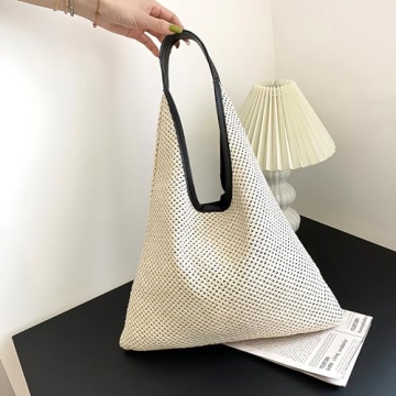 Kovewon Straw Mesh Beach Bag with Leather Handle Summer Beach Tote Bag for Women Large Rattan Woven Shoulder Handbags for Travel Vacation, Beach Essentials