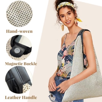 Kovewon Straw Mesh Beach Bag with Leather Handle Summer Beach Tote Bag for Women Large Rattan Woven Shoulder Handbags for Travel Vacation, Beach Essentials