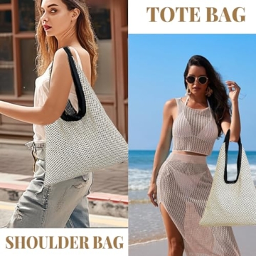 Kovewon Straw Mesh Beach Bag with Leather Handle Summer Beach Tote Bag for Women Large Rattan Woven Shoulder Handbags for Travel Vacation, Beach Essentials
