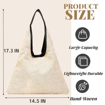 Kovewon Straw Mesh Beach Bag with Leather Handle Summer Beach Tote Bag for Women Large Rattan Woven Shoulder Handbags for Travel Vacation, Beach Essentials