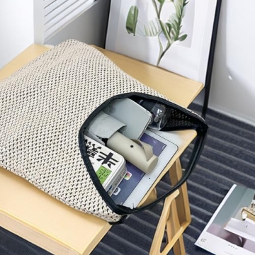 Kovewon Straw Mesh Beach Bag with Leather Handle Summer Beach Tote Bag for Women Large Rattan Woven Shoulder Handbags for Travel Vacation, Beach Essentials