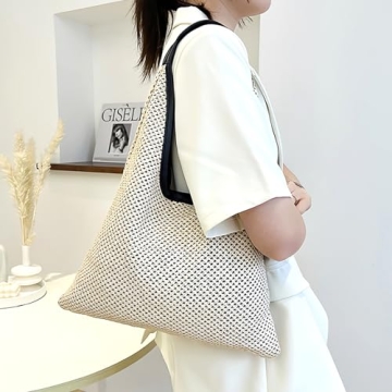 Kovewon Straw Mesh Beach Bag with Leather Handle Summer Beach Tote Bag for Women Large Rattan Woven Shoulder Handbags for Travel Vacation, Beach Essentials