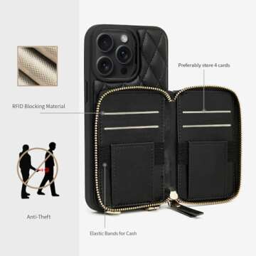 LAMEEKU Compatible with iPhone 14 Pro Max Wallet Case, Card Holder Case Crossbody Purse Case for Women Quilted Leather RFID Shockproof Case Compatible with iPhone 14 Pro Max, 6.7 Inch-Black