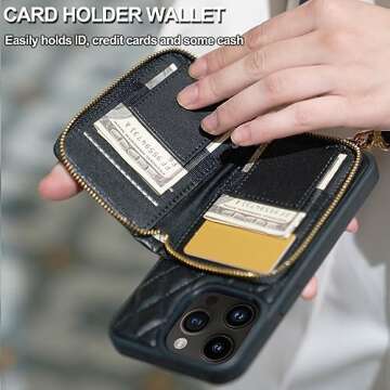 LAMEEKU Compatible with iPhone 14 Pro Max Wallet Case, Card Holder Case Crossbody Purse Case for Women Quilted Leather RFID Shockproof Case Compatible with iPhone 14 Pro Max, 6.7 Inch-Black