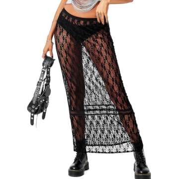 Cicy Bell Womens Sheer Lace Maxi Skirt Summer Beach Cover-ups Casual Streetwear Long Y2K Skirts Blac...