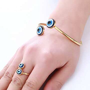 NUITS DE JUIN Gold Plated Evil Eye Ring For Women - 10k Gold Plated Stainless Steel Open Ring,Eyes Evil Mid Rings For Women,Cool Openable rings (Ring - two eyes)