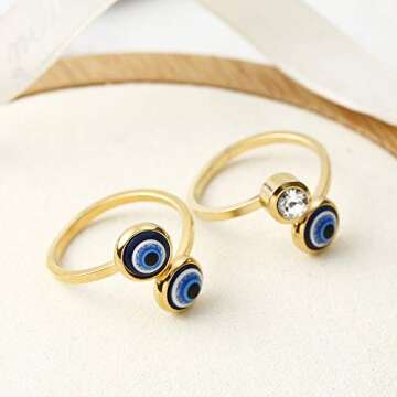 NUITS DE JUIN Gold Plated Evil Eye Ring For Women - 10k Gold Plated Stainless Steel Open Ring,Eyes Evil Mid Rings For Women,Cool Openable rings (Ring - two eyes)