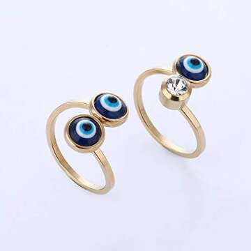 NUITS DE JUIN Gold Plated Evil Eye Ring For Women - 10k Gold Plated Stainless Steel Open Ring,Eyes Evil Mid Rings For Women,Cool Openable rings (Ring - two eyes)