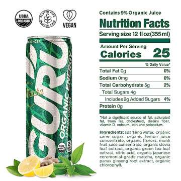 GURU Matcha Organic Energy Drinks, Clean Energy Drink with Plant Based Natural Caffeine from Green T...
