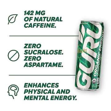 GURU Matcha Organic Energy Drinks, Clean Energy Drink with Plant Based Natural Caffeine from Green Tea, Coffee Alternative, Low Calorie, Gluten Free and Vegan, Lemon Ginger, 12oz (Pack of 12)