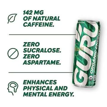 GURU Matcha Organic Energy Drinks, Clean Energy Drink with Plant Based Natural Caffeine from Green Tea, Coffee Alternative, Low Calorie, Gluten Free and Vegan, Lemon Ginger, 12oz (Pack of 12)