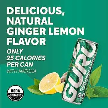 GURU Matcha Organic Energy Drinks, Clean Energy Drink with Plant Based Natural Caffeine from Green Tea, Coffee Alternative, Low Calorie, Gluten Free and Vegan, Lemon Ginger, 12oz (Pack of 12)
