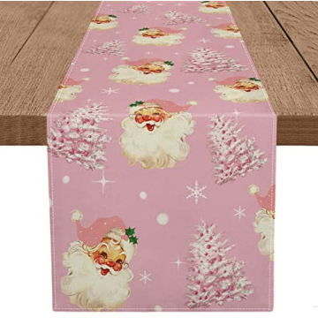 Christmas Table Runner Santa Claus Merry Christmas Tree Snowflake Pink Long Runners for Winter Xmas ...