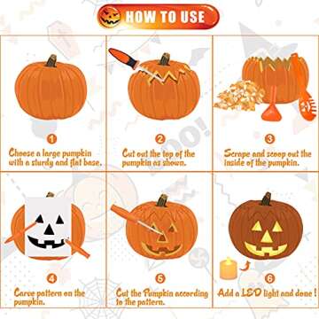 SKINOSM Pumpkin Carving Kit for Kids, 6 Easy Halloween Pumpkin Carving Tools Set, 6 LED Candles, 10 ...
