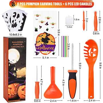 SKINOSM Pumpkin Carving Kit for Kids, 6 Easy Halloween Pumpkin Carving Tools Set, 6 LED Candles, 10 Carving Stencils & 20 Halloween Cellophane Candy Bags