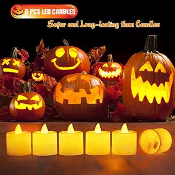 SKINOSM Pumpkin Carving Kit for Kids, 6 Easy Halloween Pumpkin Carving Tools Set, 6 LED Candles, 10 Carving Stencils & 20 Halloween Cellophane Candy Bags
