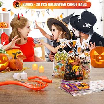 SKINOSM Pumpkin Carving Kit for Kids, 6 Easy Halloween Pumpkin Carving Tools Set, 6 LED Candles, 10 Carving Stencils & 20 Halloween Cellophane Candy Bags