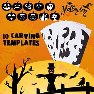 SKINOSM Pumpkin Carving Kit for Kids, 6 Easy Halloween Pumpkin Carving Tools Set, 6 LED Candles, 10 Carving Stencils & 20 Halloween Cellophane Candy Bags