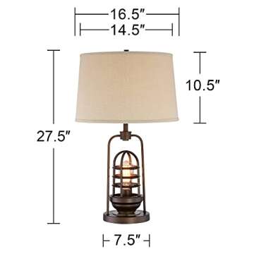 Franklin Iron Works Hobie Industrial Table Lamp with Nightlight Antique LED Edison Bulb 27.5" Tall Rust Bronze Brown Cage Drum Shade Decor for Living Room Bedroom House Bedside Nightstand Home