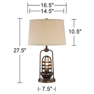 Franklin Iron Works Hobie Industrial Table Lamp with Nightlight Antique LED Edison Bulb 27.5" Tall Rust Bronze Brown Cage Drum Shade Decor for Living Room Bedroom House Bedside Nightstand Home