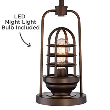 Franklin Iron Works Hobie Industrial Table Lamp with Nightlight Antique LED Edison Bulb 27.5" Tall Rust Bronze Brown Cage Drum Shade Decor for Living Room Bedroom House Bedside Nightstand Home