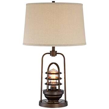 Franklin Iron Works Hobie Industrial Table Lamp with Nightlight Antique LED Edison Bulb 27.5" Tall Rust Bronze Brown Cage Drum Shade Decor for Living Room Bedroom House Bedside Nightstand Home