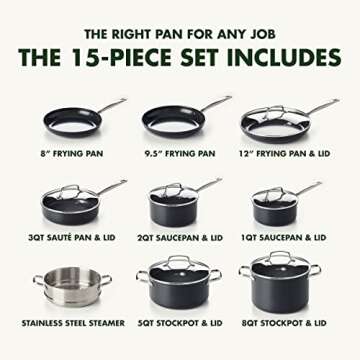 GreenPan Chatham Prime Midnight Hard Anodized Healthy Ceramic Nonstick, 15 Piece Cookware Pots and Pans Set, Saute, Saucepan, Steamer, Stockpot, Lids, PFAS-Free, Dishwasher & Oven Safe, Black