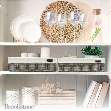 BROOKSTONE [2 PACK SET] Wicker Storage Basket, Boho Organization and Storage Container, Decorative Shelf Bin, Over the Toilet Paper Reserve, Suitable for Any Home Décor Style