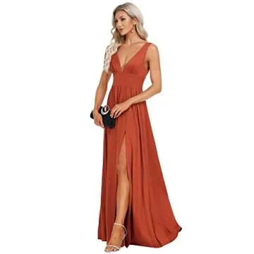 Ever-Pretty Women's Bridesmaid Dresses Deep V-Neck Sleeveless Side Slit Floor Length Wedding Guest Dress Burnt Orange US8