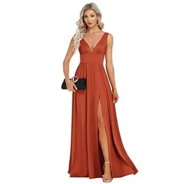 Ever-Pretty Women's Bridesmaid Dresses Deep V-Neck Sleeveless Side Slit Floor Length Wedding Guest Dress Burnt Orange US8