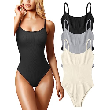 OQQ Women's 3 Piece Bodysuits Sexy Ribbed Sleeveless Adjustable Spaghetti Strips Tops Leotard 2025 S...