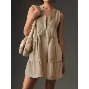 Fisoew Women's Sleeveless Tank Mini Dress Casual Half Zip V Neck Utility Summer Dress in Khaki