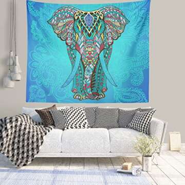 IcosaMro Elephant Tapestry Wall Hanging, Blue Bohemian Boho Psychedelic Hippie Wall Art [Hemmed Edge...