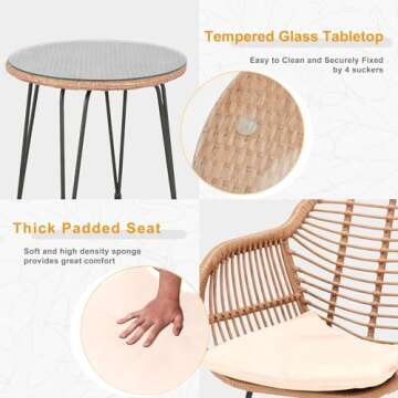 Tappio 3 Piece Outdoor Wicker Furniture Patio Bistro Set, Balcony Furniture Rattan Conversation Sets, Outdoor Patio Chairs Set for Porch Poolside Garden, Beige