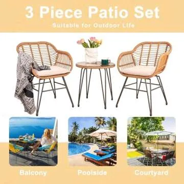 Tappio 3 Piece Outdoor Wicker Furniture Patio Bistro Set, Balcony Furniture Rattan Conversation Sets, Outdoor Patio Chairs Set for Porch Poolside Garden, Beige