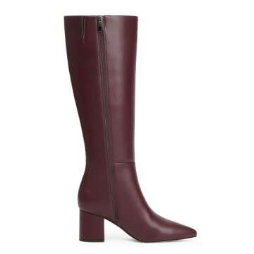 Easyfox Burgundy Knee High Boots for Women Tall Knee High Boots Women Chunky Heel Leather Boots for ...