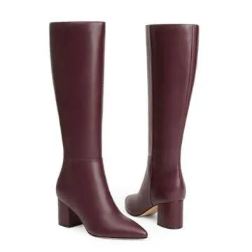 Easyfox Burgundy Knee High Boots for Women Tall Knee High Boots Women Chunky Heel Leather Boots for Women Pointed Toe Fall Long Boots Size 7