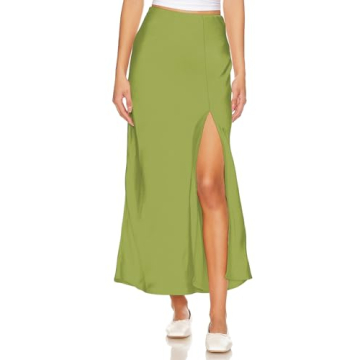 Women's Satin High Waisted Side Split Maxi Skirt - Apple Green