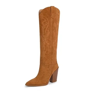ISNOM Stylish Brown Knee High Cowboy Boots for Women - Comfortable Cowgirl Boots