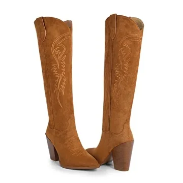 ISNOM Stylish Brown Knee-High Cowboy Boots for Women