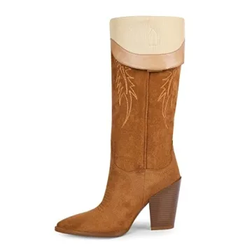 ISNOM Stylish Brown Knee-High Cowboy Boots for Women