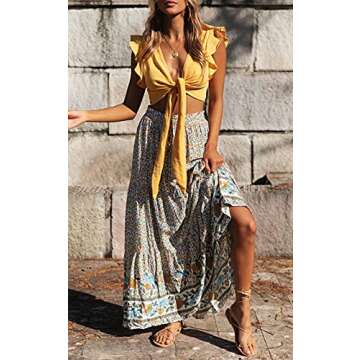 ZESICA Women's 2025 Summer Bohemian Floral Printed Elastic Waist A Line Maxi Skirt with Pockets,Crea...
