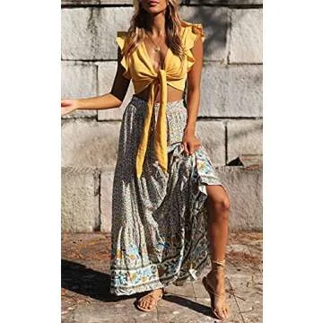 ZESICA Women's 2025 Summer Bohemian Floral Printed Elastic Waist A Line Maxi Skirt with Pockets,Crea...