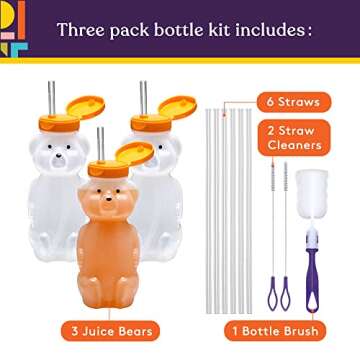 Special Supplies Honey Bear Straw Cup Long Straws, Squeezable Therapy and Special Needs Assistive Drink Container, Spill Proof and Leak Resistant Lid (Pack of 3 Bottles and 6 Straws)
