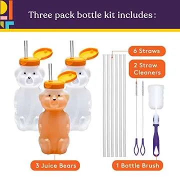 Special Supplies Honey Bear Straw Cup Long Straws, Squeezable Therapy and Special Needs Assistive Drink Container, Spill Proof and Leak Resistant Lid (Pack of 3 Bottles and 6 Straws)