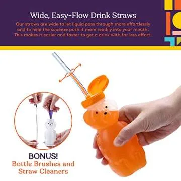 Special Supplies Honey Bear Straw Cup Long Straws, Squeezable Therapy and Special Needs Assistive Drink Container, Spill Proof and Leak Resistant Lid (Pack of 3 Bottles and 6 Straws)
