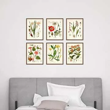 Vintage Botanical Flower Wall Decor, Set of 6 8x10 inches, Cottagecore Decor, Floral Wall Art Posters, Vintage Aesthetic Decor for Bedroom