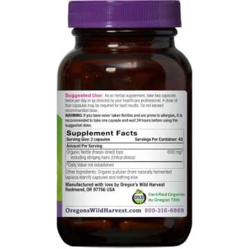 Oregon's Wild Harvest, Certified Organic Nettle Capsules with Stinging Hairs, Allergy Supplement, 600 mg, 90 Capsules