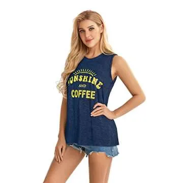 Tank Tops for Women Summer Sunshine and Coffee Graphic T-Shirts Sleeveless Casual Ladies Loose Tunic Blouse(Sunshine Deep Blue, XL)